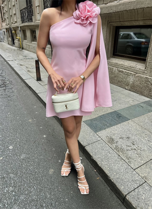 Wholesale Mini Dress with Single Sleeve and Flower Accent