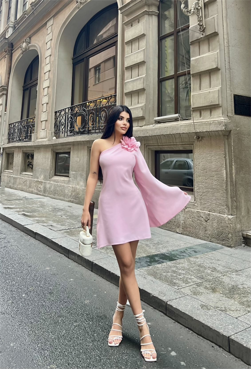 Wholesale Mini Dress with Single Sleeve and Flower Accent