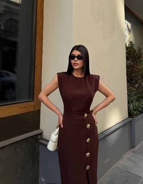 Wholesale Maxi Dress with Front Slit and Gold Buttons