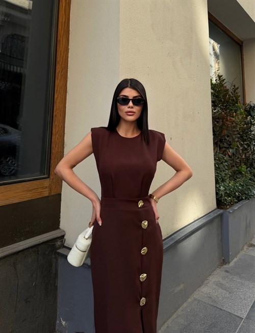 Wholesale Maxi Dress with Front Slit and Gold Buttons