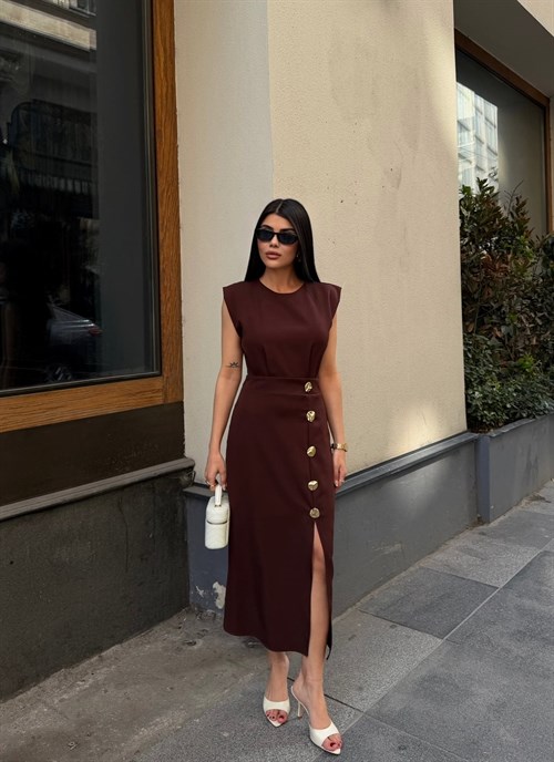 Wholesale Maxi Dress with Front Slit and Gold Buttons