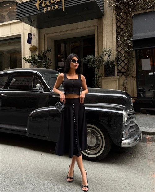 Wholesale Pearl-Embellished Crop Top and Flared Skirt Set