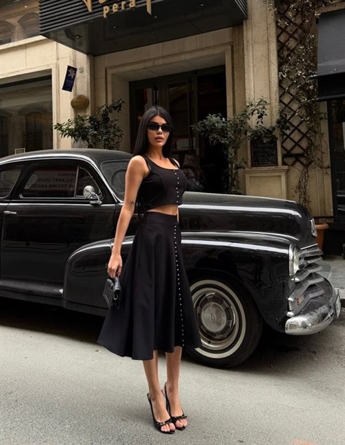 Wholesale Pearl-Embellished Crop Top and Flared Skirt Set