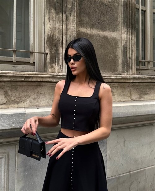 Wholesale Pearl-Embellished Crop Top and Flared Skirt Set