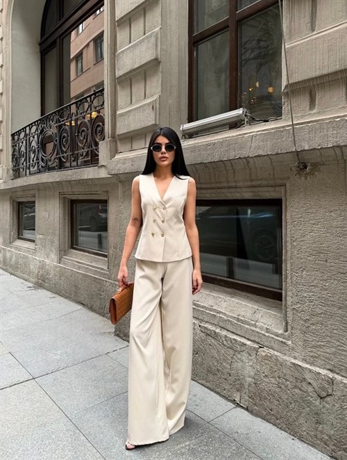 Wholesale Buttoned Vest and Palazzo Pants Suit