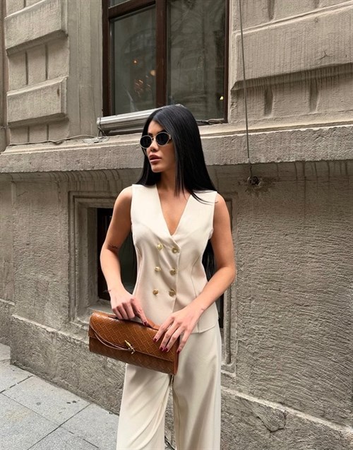 Wholesale Buttoned Vest and Palazzo Pants Suit
