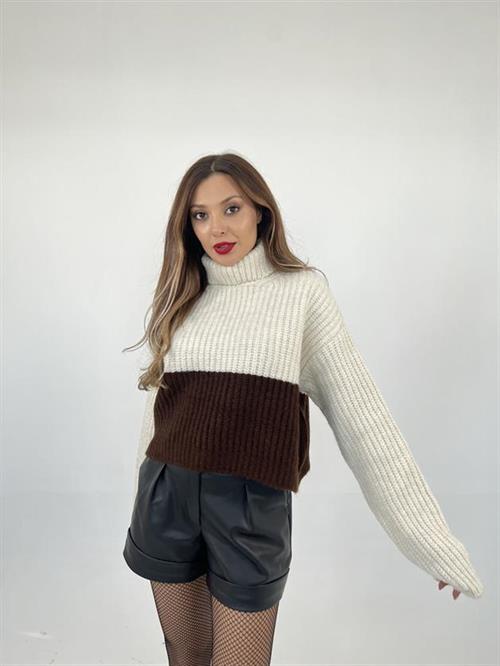 Wholesale Womens Knitwear Fisherman Striped Sweater-Cream-Brown