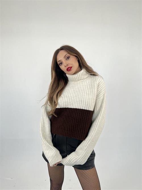 Wholesale Womens Knitwear Fisherman Striped Sweater-Cream-Brown