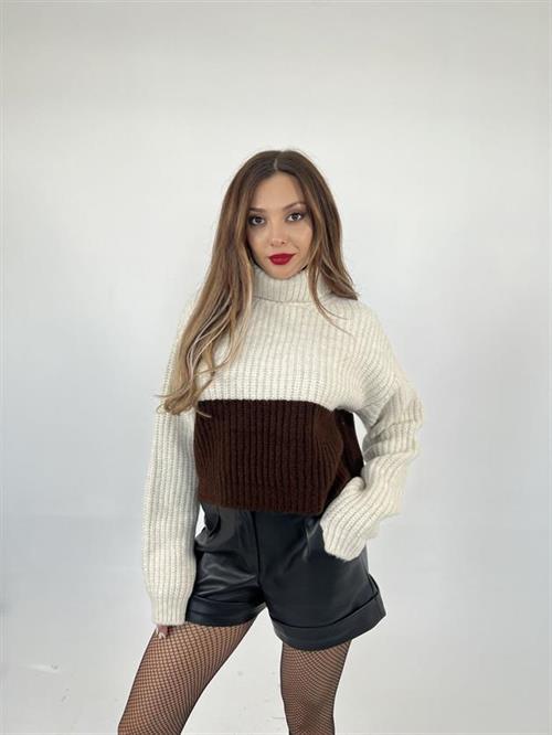 Wholesale Womens Knitwear Fisherman Striped Sweater-Cream-Brown