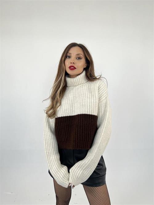 Wholesale Womens Knitwear Fisherman Striped Sweater-Cream-Brown