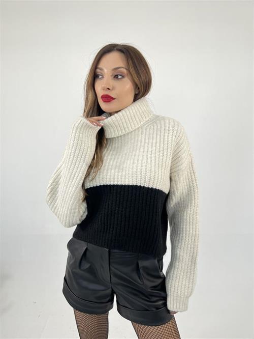 Wholesale Womens Knitwear Fisherman Striped Sweater-Cream-Black