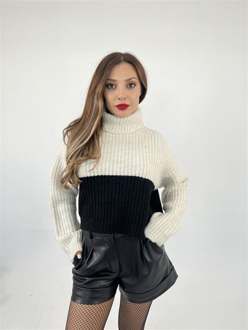 Wholesale Womens Knitwear Fisherman Striped Sweater-Cream-Black