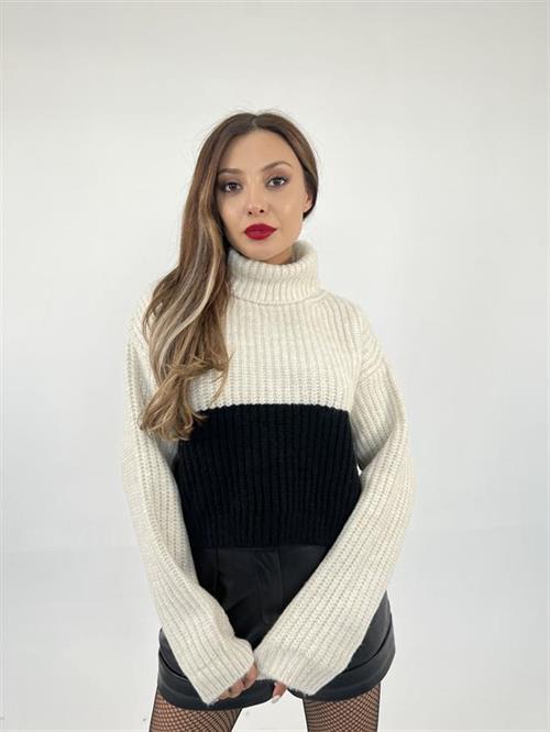 Wholesale Womens Knitwear Fisherman Striped Sweater-Cream-Black