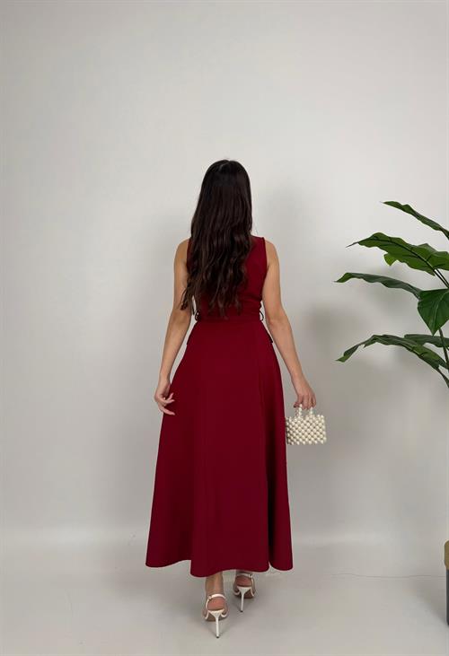 4001 İNCİ DÜĞMELİ KEMERLİ KOLSUZ UZUN ELBİSE