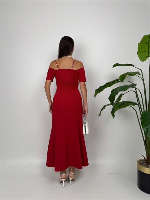 4010 İNCİ DETAYLI KOL GÜLLÜ ASKILI ELBİSE