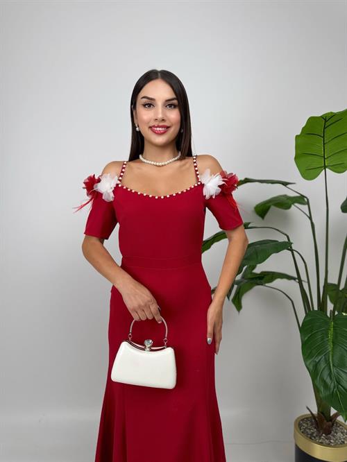 4010 İNCİ DETAYLI KOL GÜLLÜ ASKILI ELBİSE