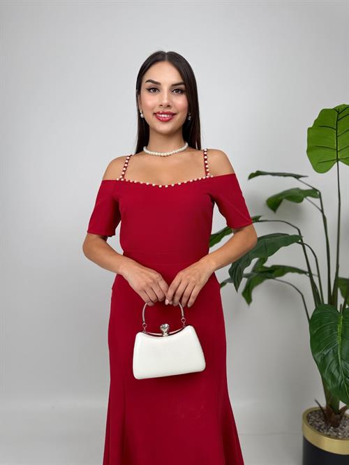 4010 İNCİ DETAYLI KOL GÜLLÜ ASKILI ELBİSE