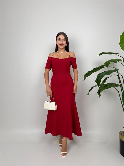 4010 İNCİ DETAYLI KOL GÜLLÜ ASKILI ELBİSE