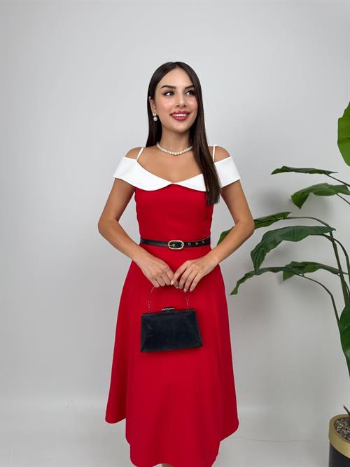 4012 ASKILI GÖGÜS  ALERLİ KEMER DETAYLI ELBİSE