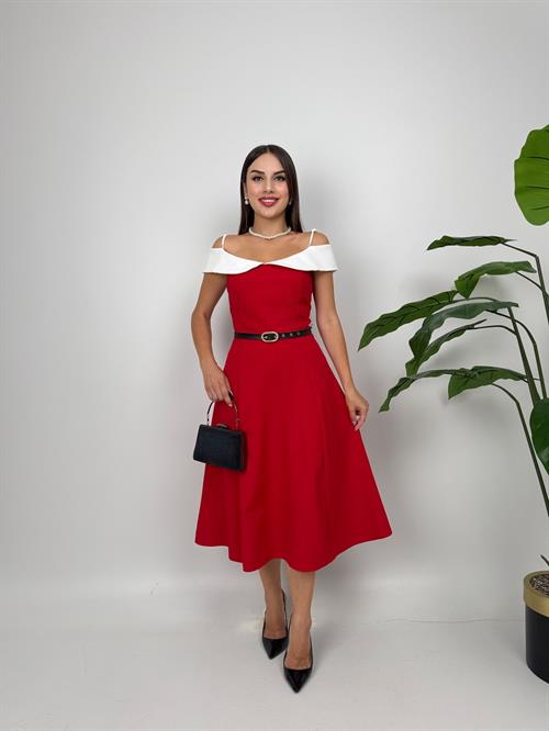 4012 ASKILI GÖGÜS  ALERLİ KEMER DETAYLI ELBİSE