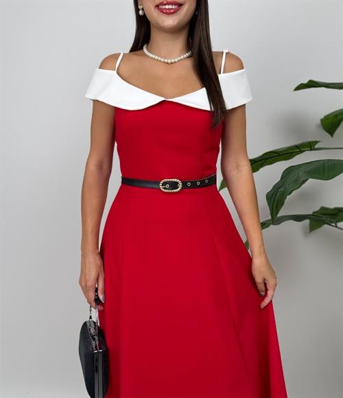 4012 ASKILI GÖGÜS  ALERLİ KEMER DETAYLI ELBİSE