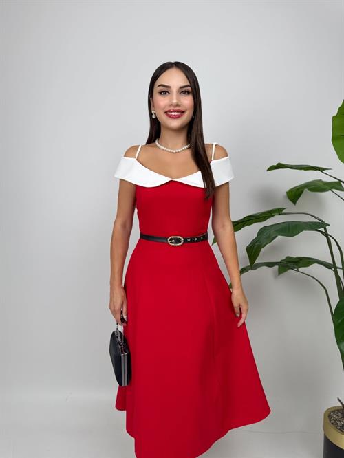 4012 ASKILI GÖGÜS  ALERLİ KEMER DETAYLI ELBİSE