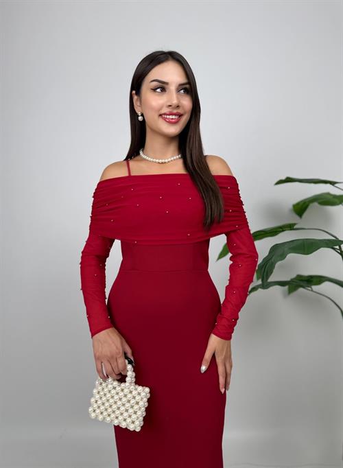 4017 OMUZ TÜLLÜ ASKI İNCİ DETAYLI ELBİSE