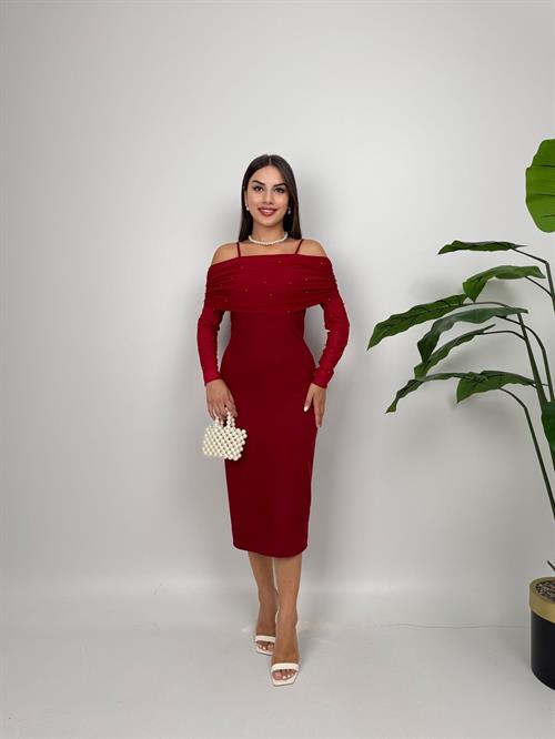 4017 OMUZ TÜLLÜ ASKI İNCİ DETAYLI ELBİSE