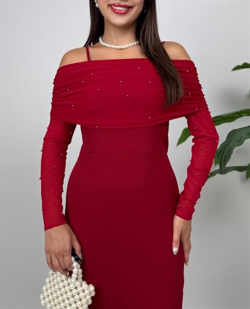 4017 OMUZ TÜLLÜ ASKI İNCİ DETAYLI ELBİSE