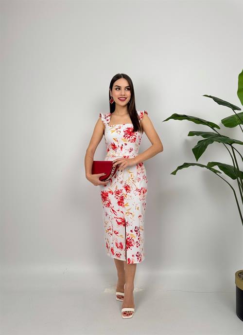 4019 DİJİTAL BASKILI BALON ASKI STRAPLEZ ELBİSE