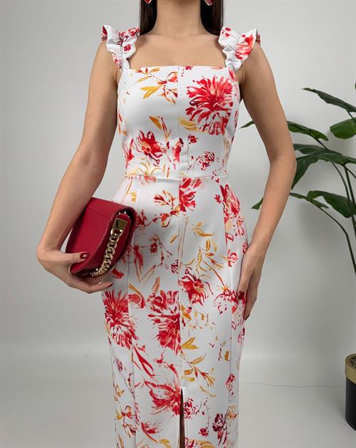 4019 DİJİTAL BASKILI BALON ASKI STRAPLEZ ELBİSE