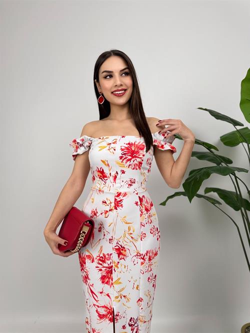 4019 DİJİTAL BASKILI BALON ASKI STRAPLEZ ELBİSE