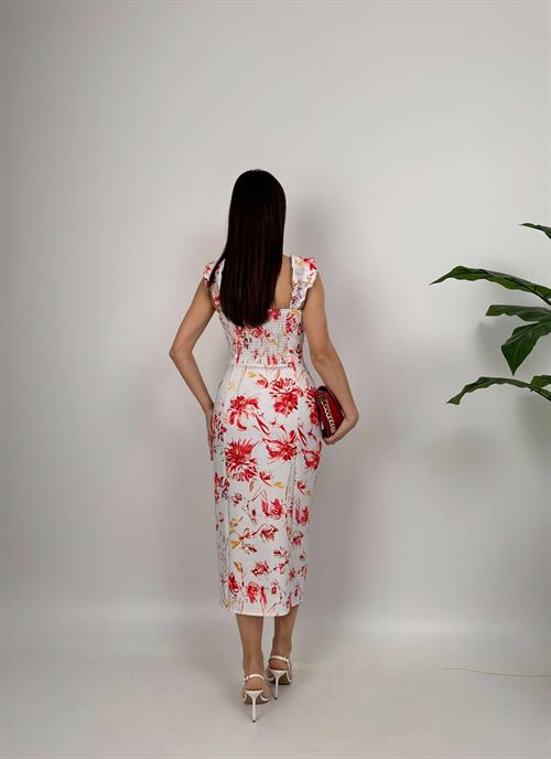 4019 DİJİTAL BASKILI BALON ASKI STRAPLEZ ELBİSE