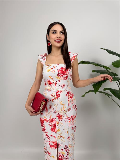 4019 DİJİTAL BASKILI BALON ASKI STRAPLEZ ELBİSE