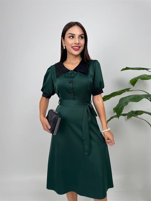 4020 BAĞLAMA KEMERLİ V YAKA GARNİ DÜĞME ELBİSE