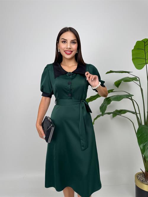 4020 BAĞLAMA KEMERLİ V YAKA GARNİ DÜĞME ELBİSE