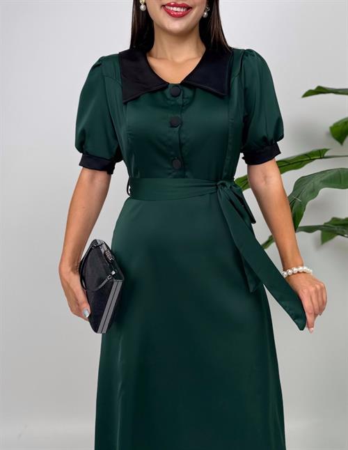 4020 BAĞLAMA KEMERLİ V YAKA GARNİ DÜĞME ELBİSE