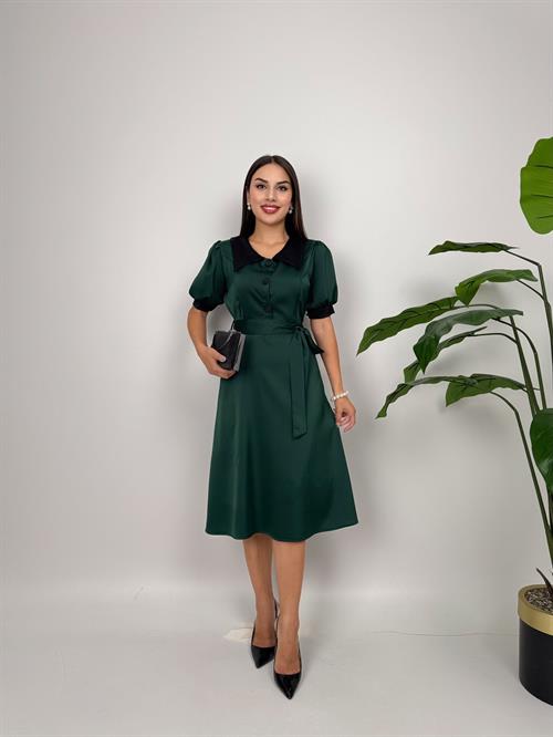 4020 BAĞLAMA KEMERLİ V YAKA GARNİ DÜĞME ELBİSE