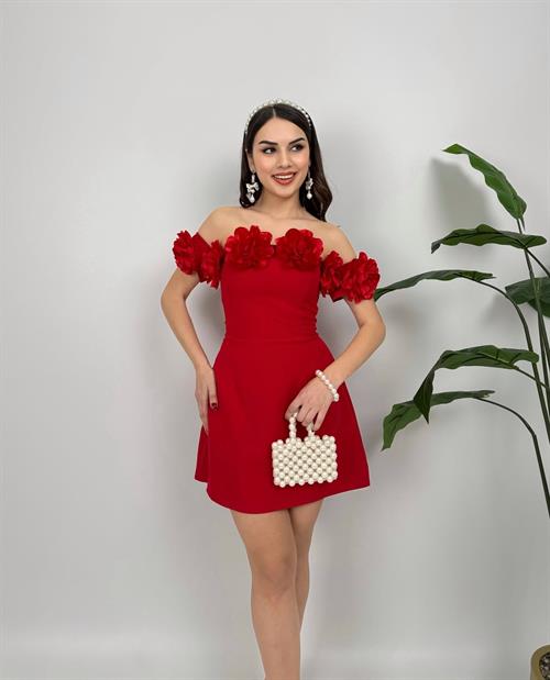 4022 STRAPLEZ YAKA GÜLLÜ MİNİ ELBİSE