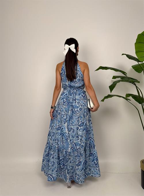 4024 BASKILI KOLSUZ KUŞAKLI GENİŞ ELBİSE