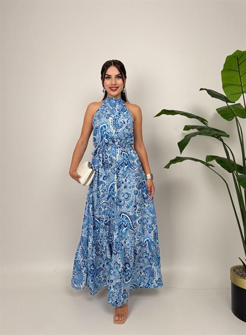 4024 BASKILI KOLSUZ KUŞAKLI GENİŞ ELBİSE