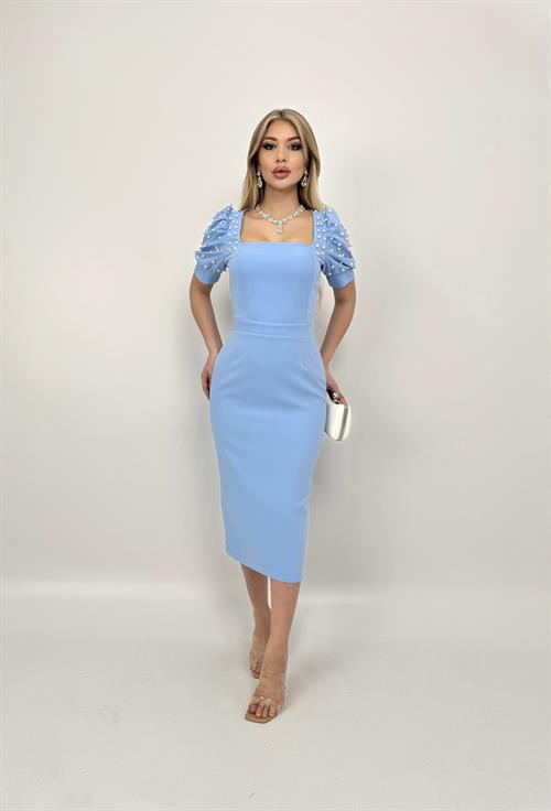 4027 İNCİ ÇAKIMLI KARPUZ KOL MİDİ ELBİSE