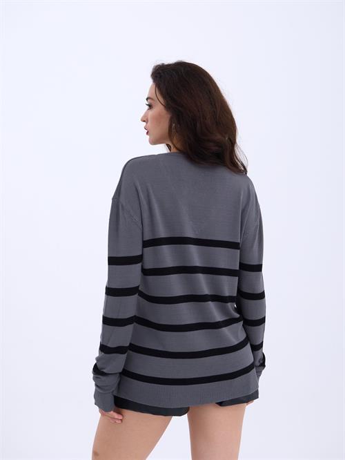 Wholesale V-Neck Striped Basic Loose SWeater - Anthracite-Black