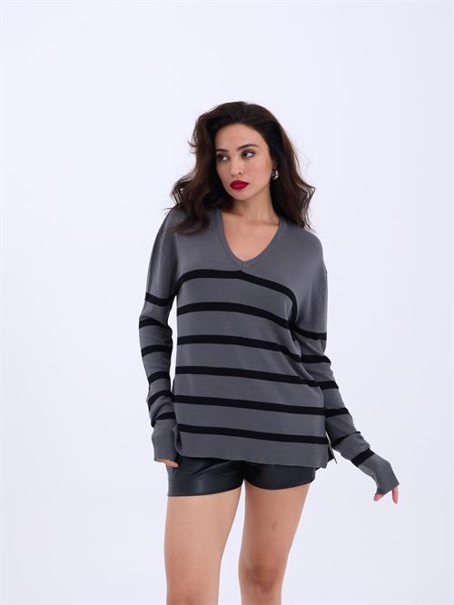 Wholesale V-Neck Striped Basic Loose SWeater - Anthracite-Black