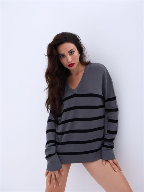 Wholesale V-Neck Striped Basic Loose SWeater - Anthracite-Black