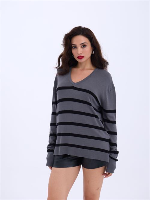 Wholesale V-Neck Striped Basic Loose SWeater - Anthracite-Black