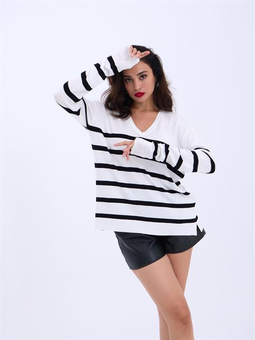 Wholesale V-Neck Striped Basic Loose SWeater - Cream-Black