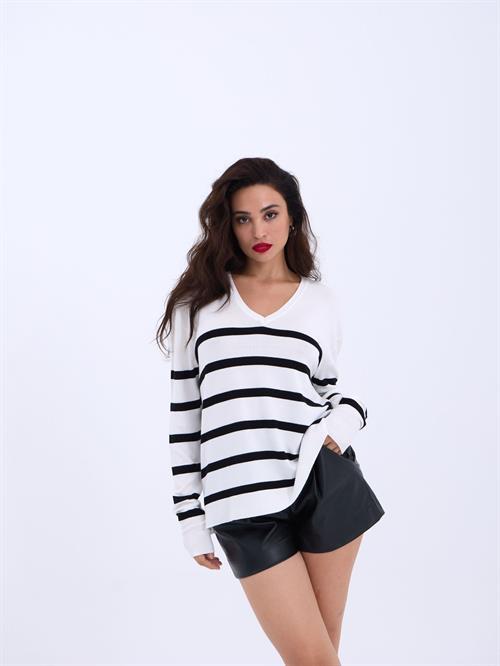 Wholesale V-Neck Striped Basic Loose SWeater - Cream-Black