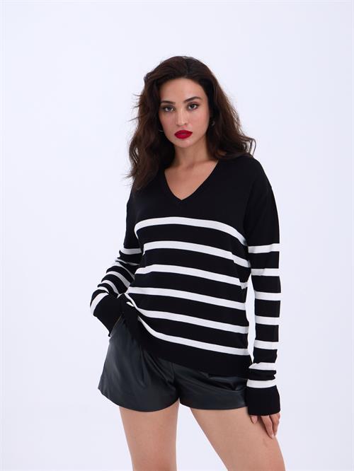 Wholesale V-Neck Striped Basic Loose SWeater - Black-Cream