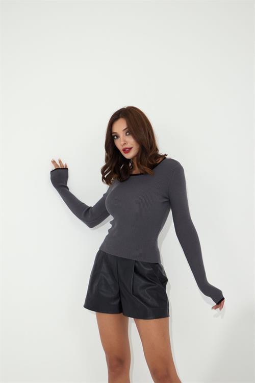 Knit Basic Neck Striped Sweater - Anthracite-Black